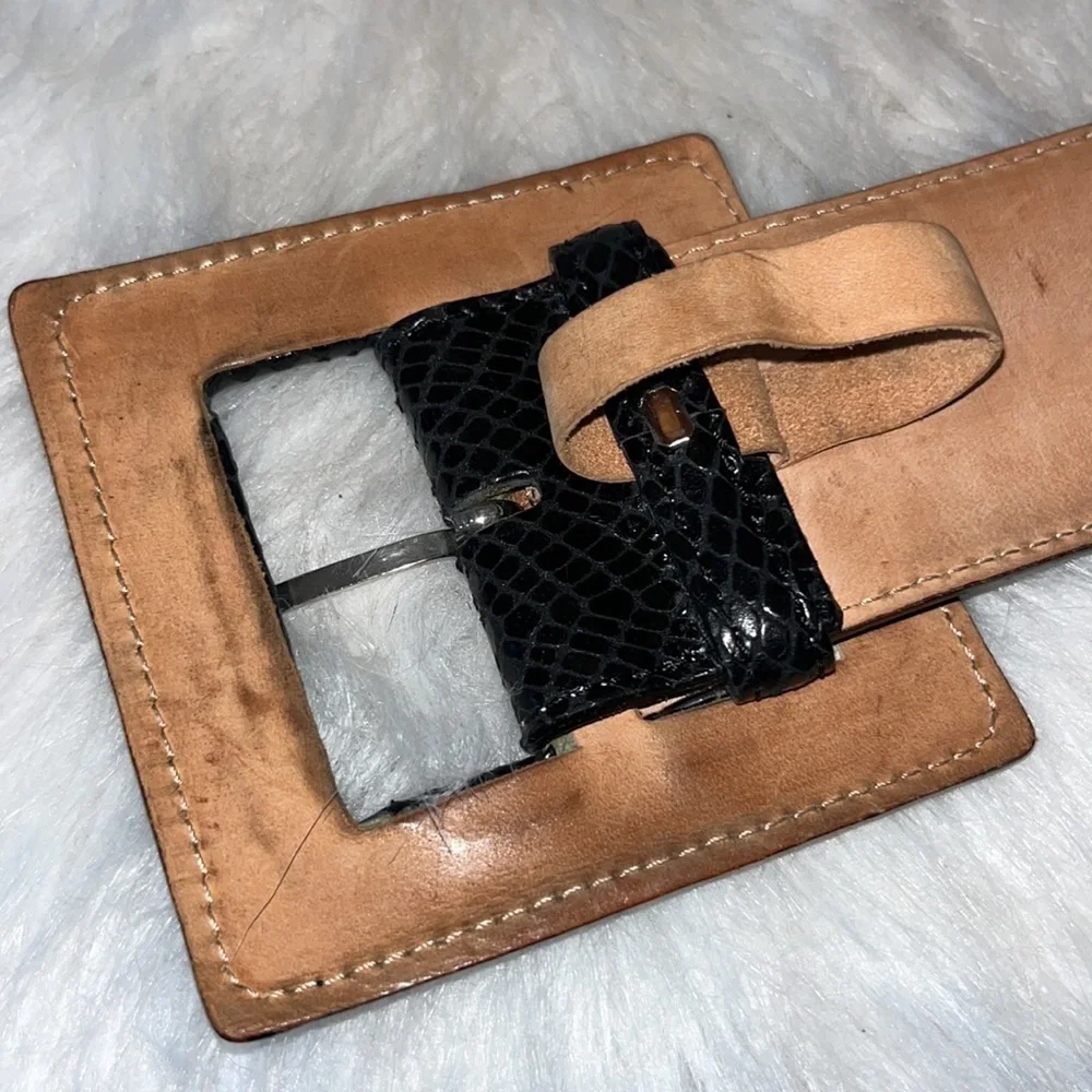 Black Snake-Embossed Wide Italian Leather Belt
